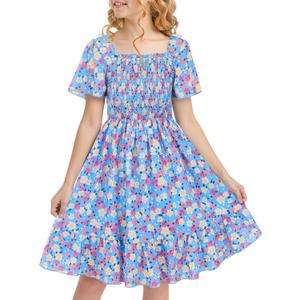 Cubear Ruffle Sleeve Dress for Girls Floral Short-Sleeves Smocked A-Line Dresses Kids Midi Casual Summer Spring Sundress (Blue)