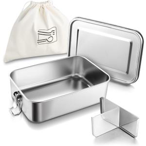 HaWare Stainless Steel Bento Box, 29oz (850ML) Leak-Proof Lunch Box for Kids Adults, 3 Compartments Food Containers with Removable Dividers and Bag, Metal Lunch Containers for Snack Meal Sandwich