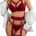 Sexy Lingerie Set For Women With Garter Belt 5 Pieces Strappy Bra and Panty Set Adjustable With Chain (Large, Burgundy)
