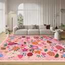 Washable Boho Area Rug 8'10' Hot Pink White Large Living Room Rug Floral Non-Slip Soft Oriental Vintage Color Bedroom Carpet Dining Room Nursery Home Office Indoor Decor