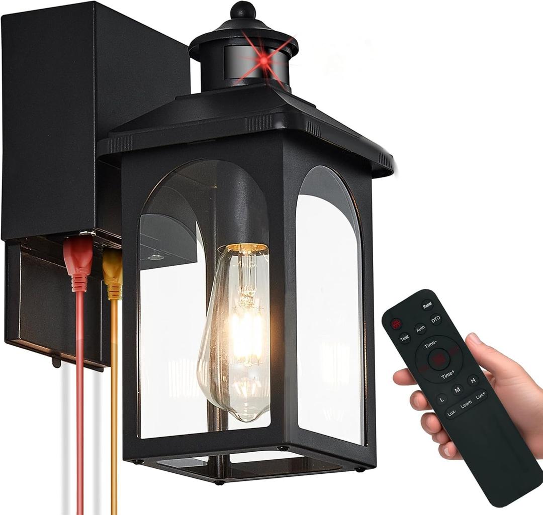 Porch Light with GFCI Outlet: Motion Sensor Porch Lights Outdoor with Remote Control Dusk to Dawn Exterior Lighting Fixtures Black Modern Outdoor Wall Lights for House Garage Patio Front Door, 1 Pack