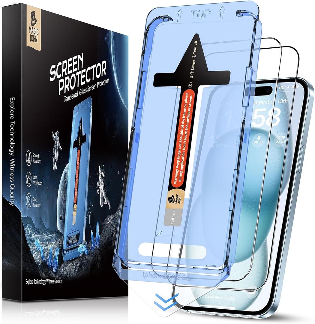 MAGIC JOHN 2 Pack for iPhone 15 Tempered Glass Screen Protector 6.1 inch [Not Max], Auto Dust-Elimination Installation, Bubble Free, Dynamic Island Compatible, HD Clear, Easy Installation