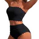 Charmo Strapless High Waisted Bikini Sets for Women Tummy Control Scallop Ribbed Bandeau Swimsuit Lace up Bathing Suits (Large, Black)