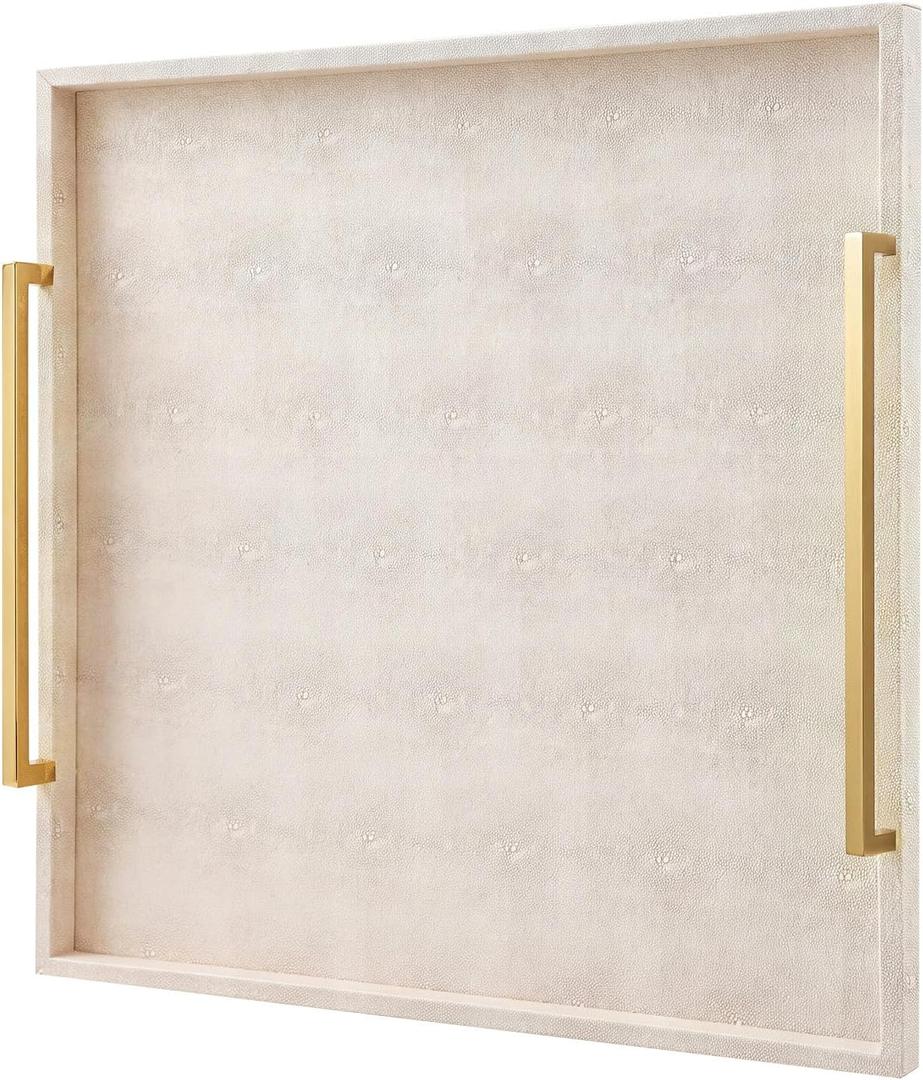 20"x20" Square Extra Large Leather Ottoman Tray with Gold Handles, Beige