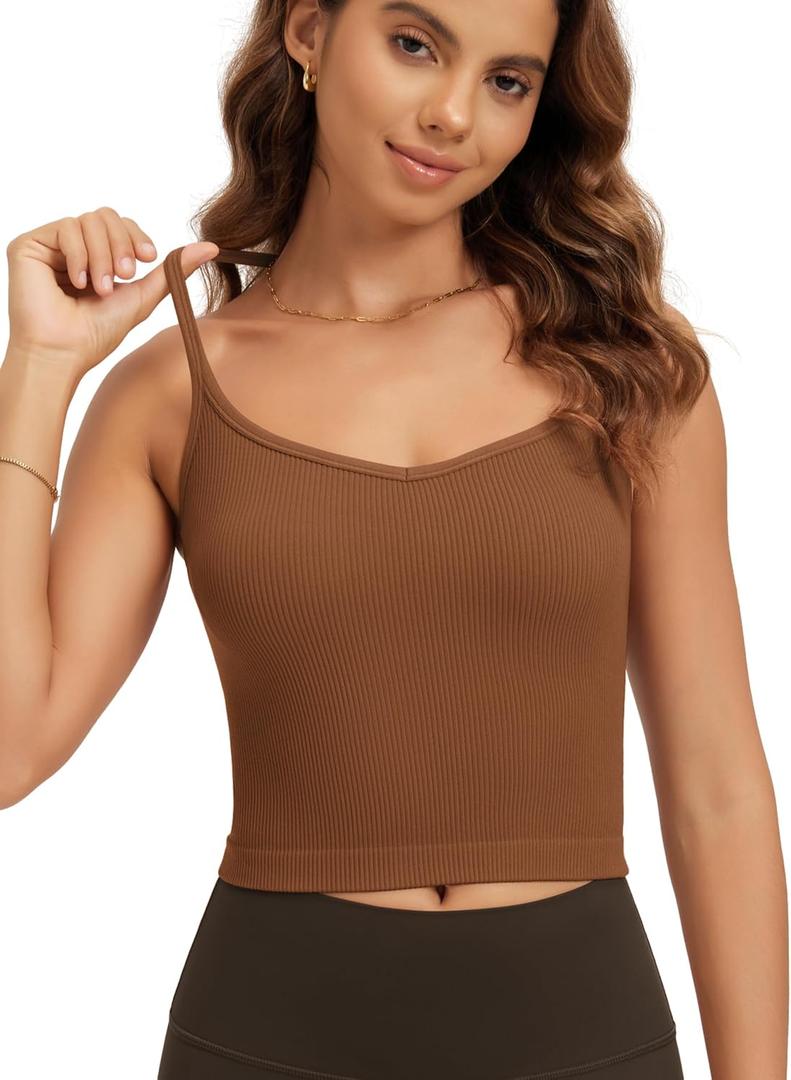 ODODOS Seamless Sweetheart Neck Crop Tank for Women Ribbed Strappy Racerback Cropped Cami Tops, 1-Pack, Clay, (L)