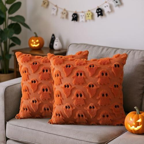 Fall Halloween Ghost Throw Pillow Covers 18x18 Set of 2 - Cute Ghost Horror Decor Pillow Cases - Faux Fur Decorative Pillows for Home Couch - Spooky Hallowen Party Decorations Indoor - Orange