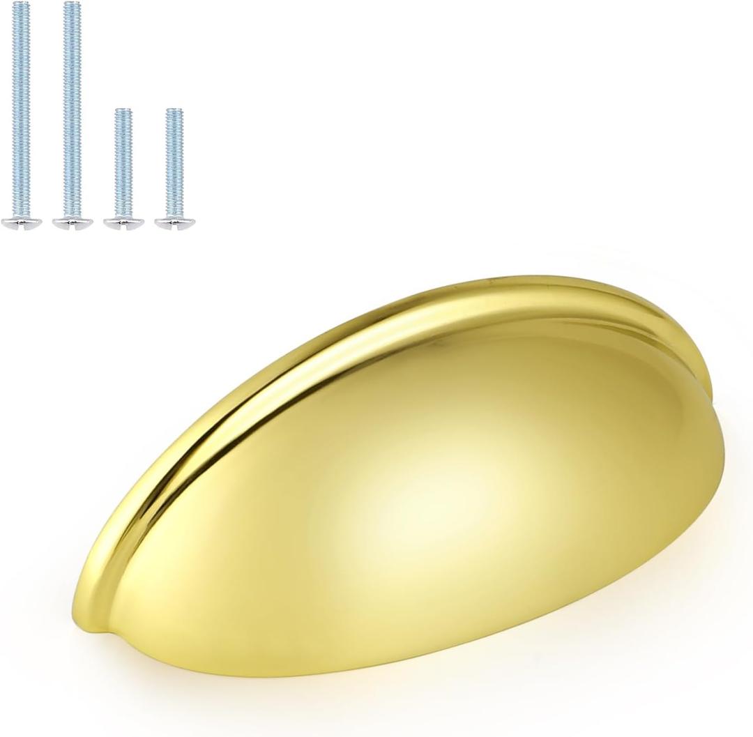 Probrico (12 Pack Gold Cabinet Handles Bin Cup Drawer Pulls 3 Inch(76mm) Hole Center Kitchen Cabinet Hardware Bedroom Bathroom Cabinet Cup Pulls Shell Style Modern Drawer Handles Knobs