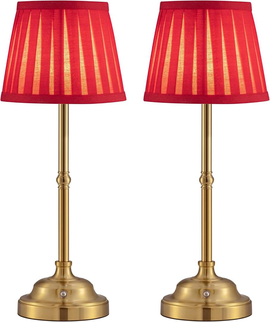 KDG Cordless LED Table Lamp Set of 2, Portables Fabric Shade Desk Lamps, 5000mAh Rechargeable Battery Powered Lighting, Dimmable Light for Dining Room, Bedroom, Bedside, Night Light, Balcony (Red)