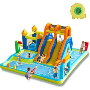 JOOLOOG Blow Up Water Slides for Kids Backyard, Two Long Slides Jumping Bouncy Castle for Children Outdoor, Large Inflatable Bounce House with 680W Blower