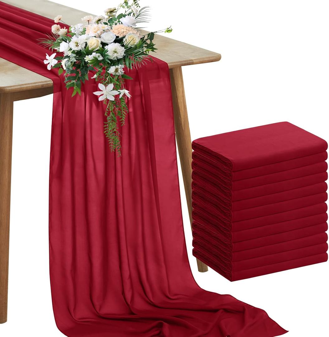 Horbaunal 12 Pack Burgundy Chiffon Table Runners 10FT Sheer Chiffon Runner 29x120 Inches Romantic Boho Rustic Table Runner for Wedding Party Bridal Baby Shower Table Decorations