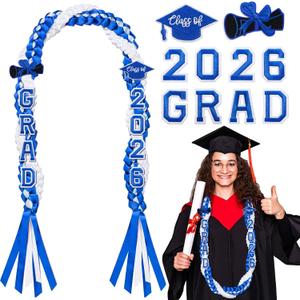Suncalla 11 Pcs 2026 Graduation Leis Set Graduation Leis Class of 2026, Grade Braided Cords with Letters Card Patches Ribbon Lei Graduate Gift for High School Master College Grad Party(Blue White)