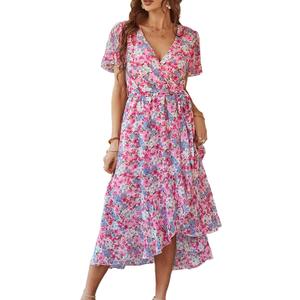 PRETTYGARDEN Women's Summer Floral Boho Maxi Dress Short Sleeve Wrap V Neck Ruffle Long Flowy Beach Wedding Guest Dresses (Medium)