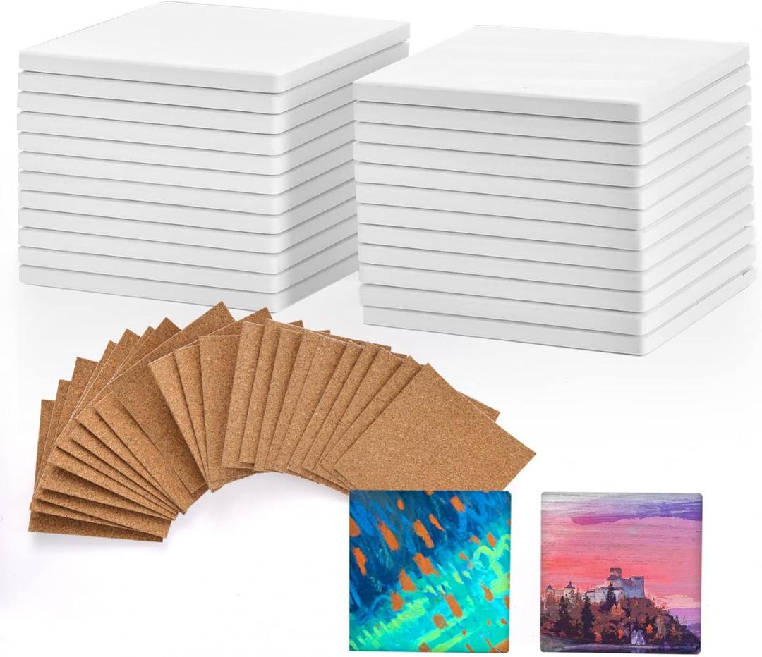 24 Pcs Ceramic Tiles for Crafts Ceramic Coasters for Crafts Blank White Unglazed Ceramic Tile for Painting, Alcohol Ink, Acrylic Pouring - DIY Coaster - Cork Backing Pads Included (4x4 inch)