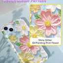 Compatible with iPhone 15 Case Sparkle Glitter Retro Oil Painting Printed Flower Design Slim Shockproof Protective TPU Soft Silicone Cover Phone Case Blue Pink