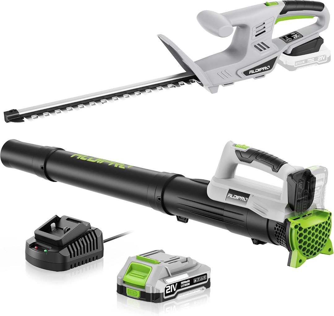 Cordless Leaf Blower and Hedge Trimmer Combo 21V Ultra-Lightweight 3lbs 400CFM/130MPH Blower, 18" Blade & 5/8'' Cutting Bush Trimmer with 2.0Ah Battery and Fast Charger, Ideal for Homeowners & Seniors