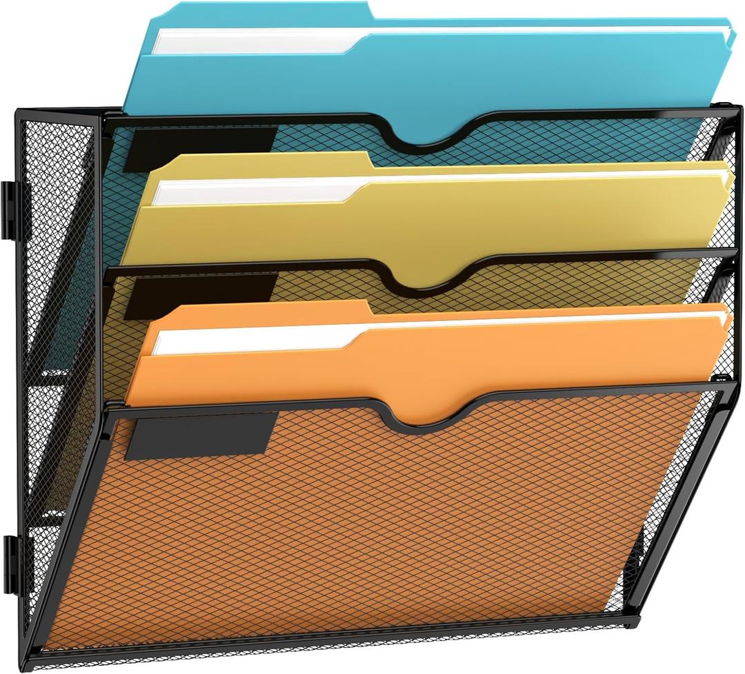 SUPEASY Wall File Organizer Mesh Office Mail Holder, Hanging Wall Organizer Magazine Rack for Office Black, 3 Tier