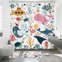 4 PCS Kids Shower Curtain Set 72Wx72H Kid Toddler Bathroom Set Summer Ocean Fish Cute Whale Funny Underwater Bath Rug Toilet Lid Cover U Shape Mat Accessories 12 Hooks Bathroom Decors