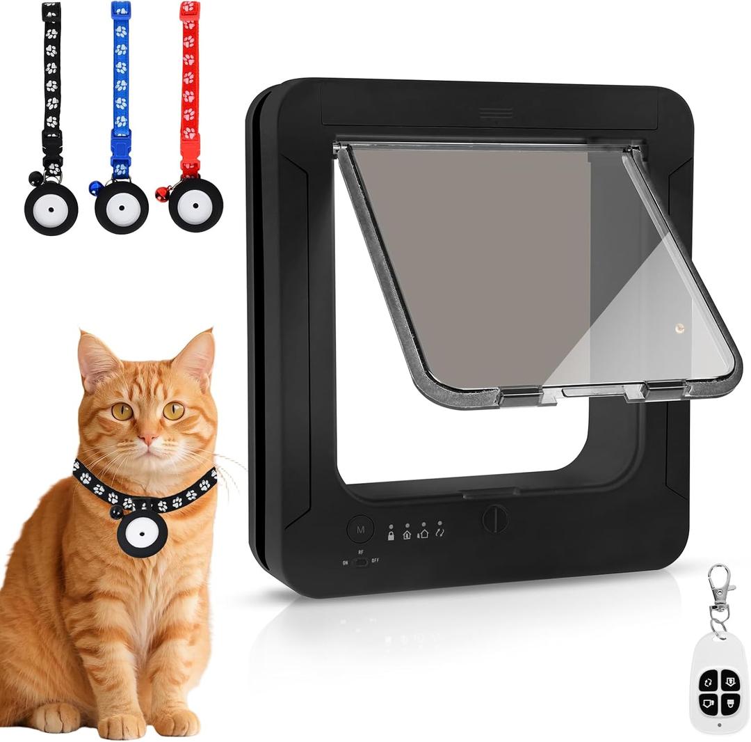 Smart Cat Door for Interior & Exterior, Flap Opening is 7.67 (H) by 7'' (W), RFID Cat Pet Door with 3 RFID Collar Sensor Keys & 1 Remote & 4 Way Locking Cat Flap, Automatic Opening Cat Door (Black)