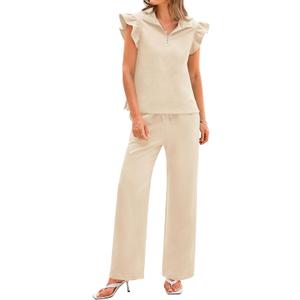 BTFBM Women Summer 2 Piece Sets Airport Outfits Ruffle Cap Sleeve Quarter Zip Top Wide Leg Pants Lounge Set Tracksuits(Apricot, Small)