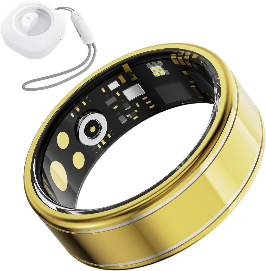 Health Fitness Tracker Ring for Women Men Smart Ring with Heart Rate, SpO2, Blood Pressure, Sleep Monitoring with Charging Case,Remote Photography, Family Care, No Subscription Fee (Gold 11)