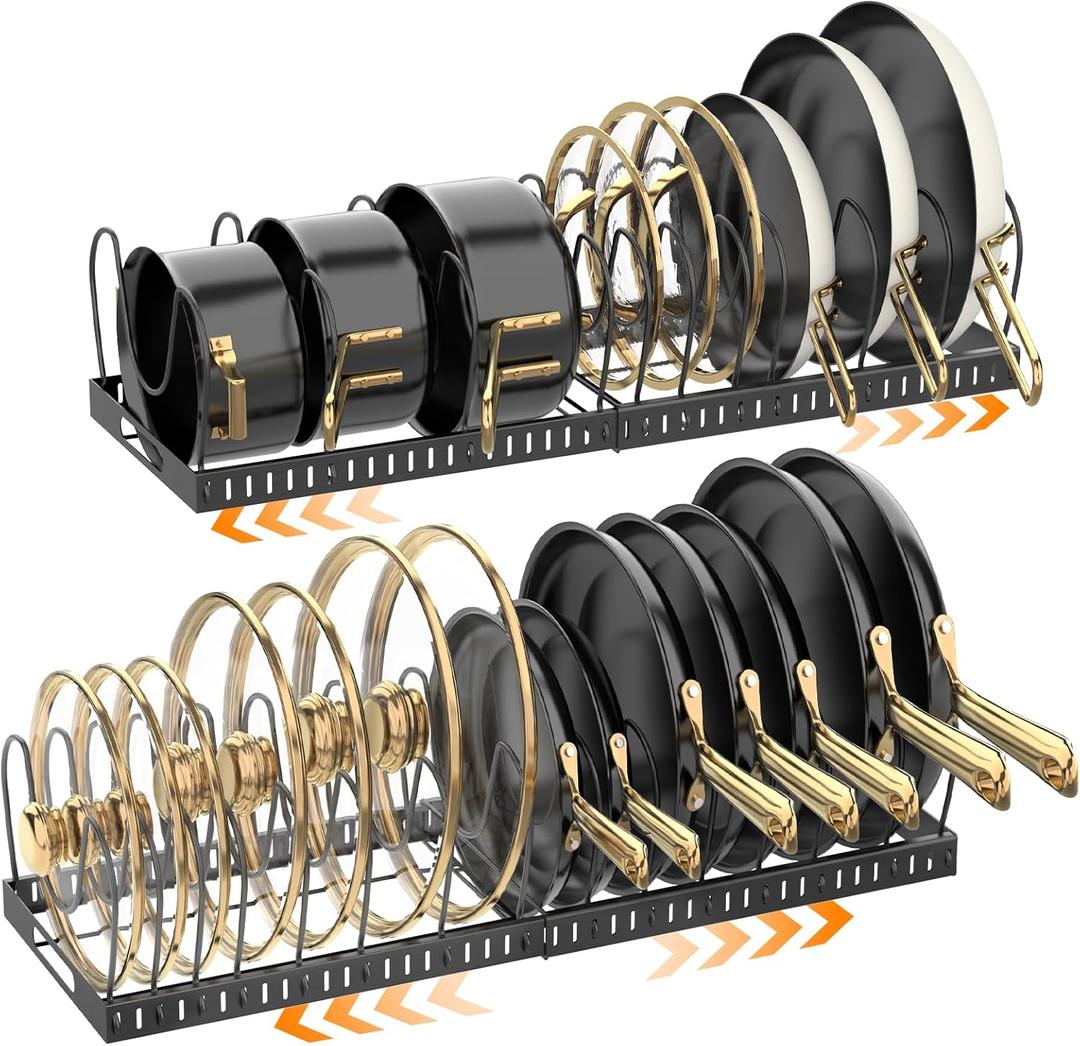 2PACK Expandable (12"-24") Pots and Pans Organizer Under Cabinet with 32 Adjustable Dividers for Kitchen, Pot Lid Organizers Inside Cabinet, Pan Lid Holder, Rust-Resistant Lid Storage, Easy to Clean