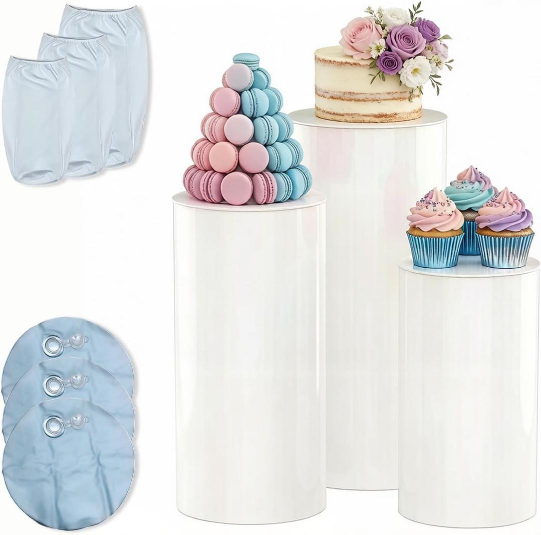 3Pcs White Cylinder Pedestal Stands, Stable Round Display Plinth Pillars with Weighted Water Bag & Spandex Covers, PVC Cake Stand for Wedding Party, 35.5/29.5/23.5 Inches