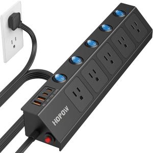 Flat Plug Power Strip with Individual Switches, 10 Ft Ultra Thin Flat Extension Cord, 5-Outlet Surge Protector with 2 USB-C (20W PD) & 2 USB-A, 1700 Joules, Wall Mount for Home Office, Black