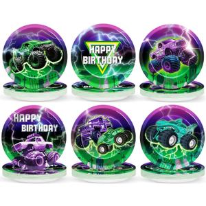 60Pcs Green Purple Monster Truck Party Paper Plates for Monster Truck Birthday Party 9in Racing Car Theme Disposable Tableware Dinnerware Set for Kids Boys Monster Truck Birthday Party Supplies