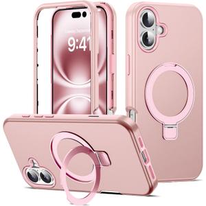 Compatible with iPhone 16 Plus Case 6.7''with Magnetic Ring Stand [Military Drop Protection][Compatible with Mag-Safe] Shockproof 16 Plus Phone Case for Men Wowen,Rose Gold