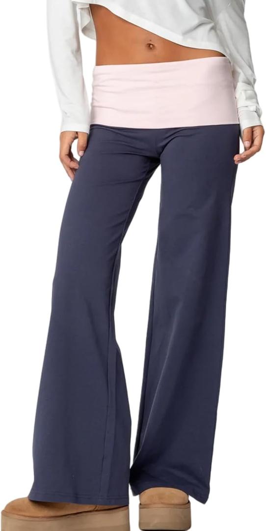Wide Leg Sweatpants for Women Fold Over Low Rise Flare Yoga Lounge Pants Back to School Clothes for Teen Girls (Small, Pink Blue)