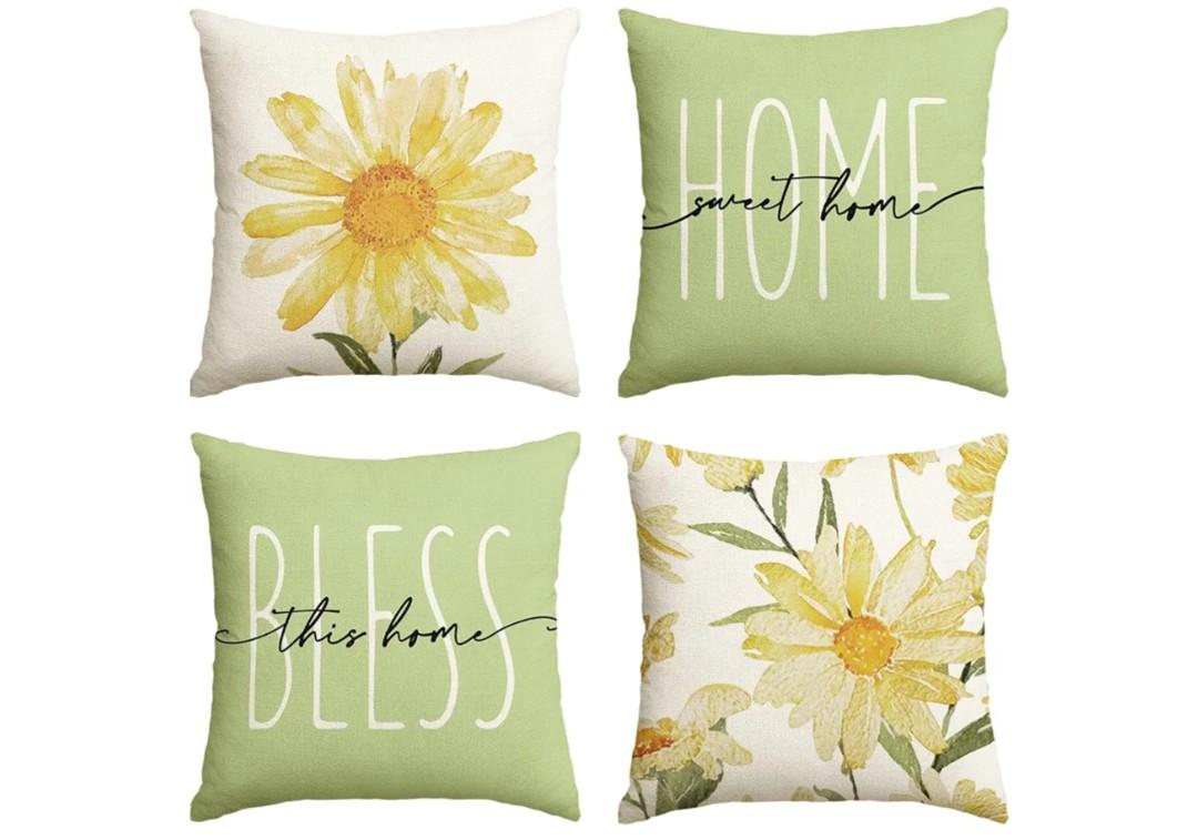 AVOIN colorlife Home Sweet Home Spring Summer Flowers Green Throw Pillow Covers, 18 x 18 Inch Cushion Case for Sofa Couch Set of 4