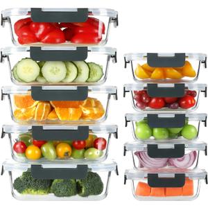 BAYZZ 10 Pack Glass Meal Prep Containers, Glass Food Storage Containers with Lids, Airtight Lunch Box, Freezer,Oven,Microwave and Dishwasher Safe (Gray)