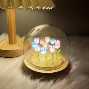 uolent Valentine's Day Gift for Women, Tulips Night Light - Glass Flower Lamp with Wooden Base, Unique Birthday Christmas Gift for Her, Wife, Girlfriend, Mom, Home Decor Nightlight (13 LED Colourful)