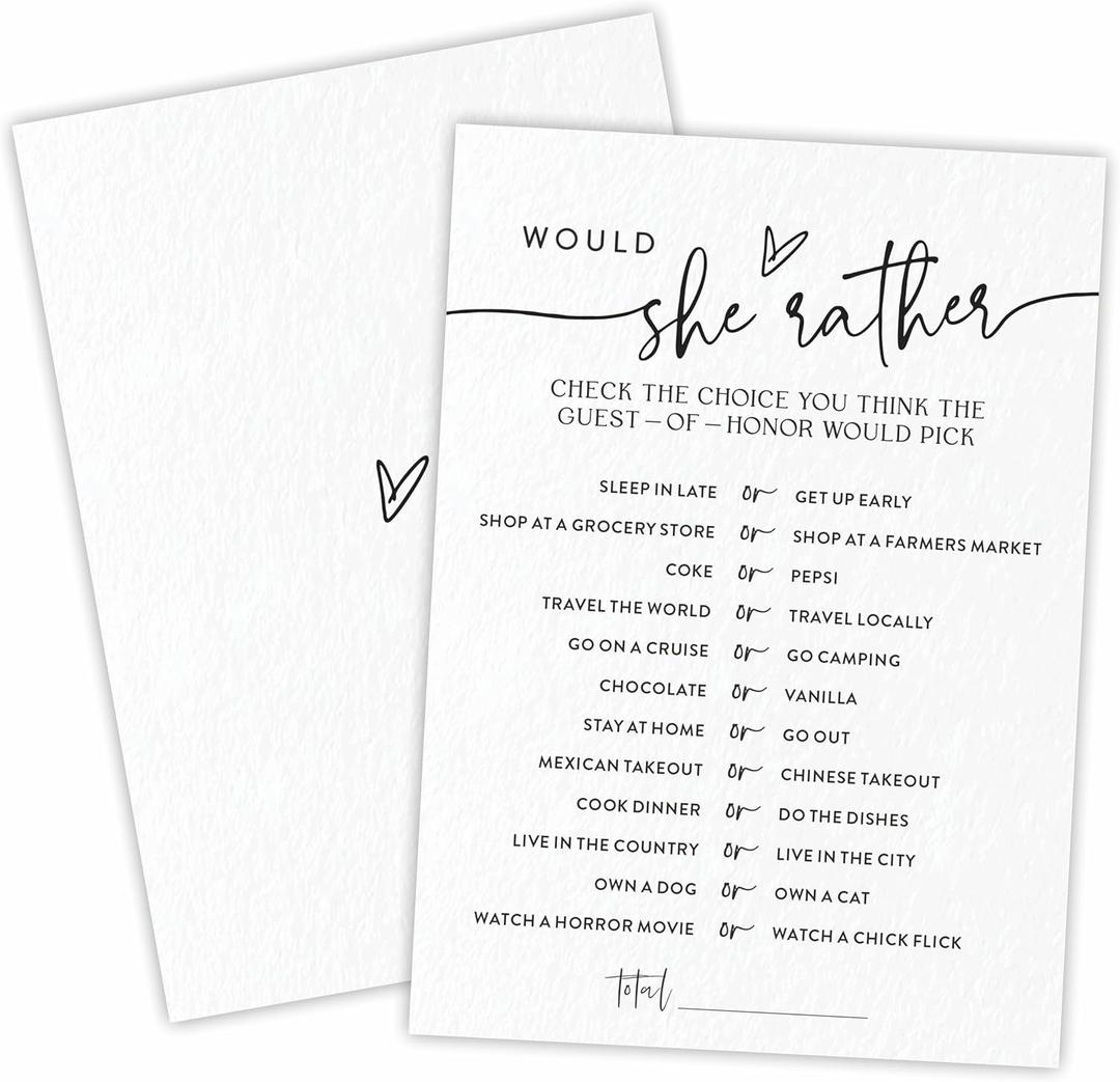 6 x TPYEN Would She Rather Game Cards for Bridal Shower - 30 Minimalist Wedding & Engagement Party Games, Modern Bridal Shower Party Favor & Decorations - A04