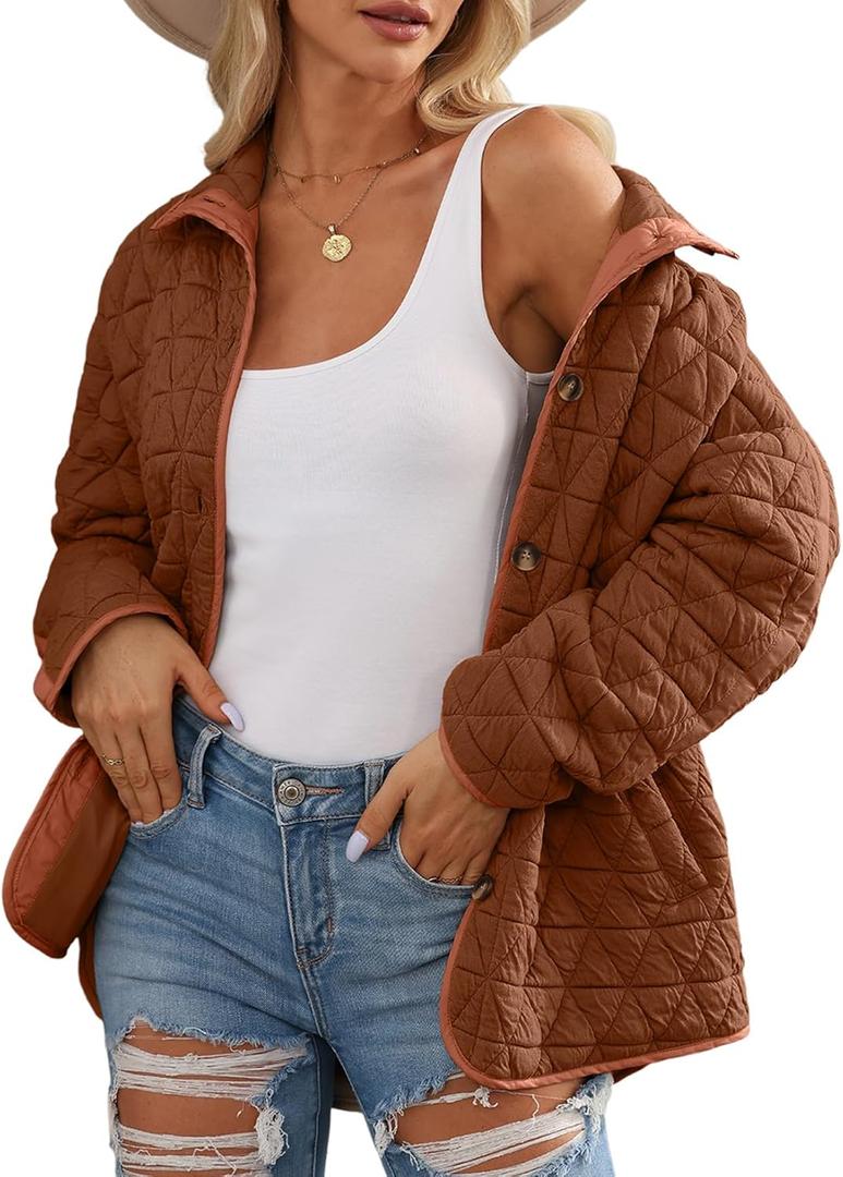 EVALESS Women's Lightweight Diamond Quilted Jacket Casual Winter Open Front Button Down Puffer Coat Outwear Cardigan (Medium, Coffee)