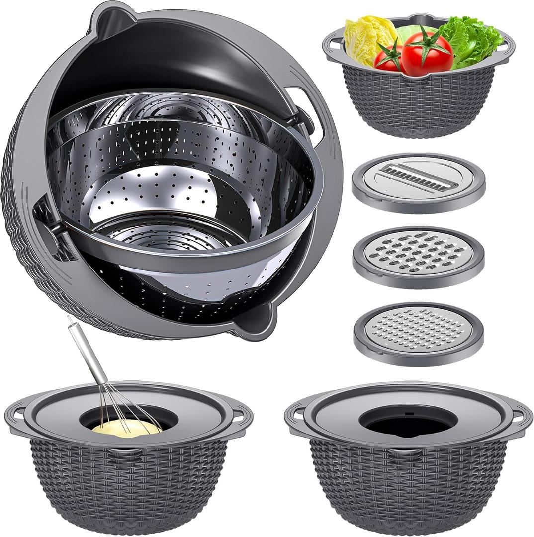 4-1 Colander with Bowl Set - Pasta Strainer - Colander for Kitchen - Strainers and Colanders Rice Strainer Fruit Cleaner Veggie Wash Sink Strainer Kitchen Essentials - Dark Grey