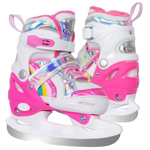 BASYNOL Nattork Girls Ice Skates for Kids Boys,Adjustable Kids Ice Hockey Skates for Outdoor Indoor Rink,Soft Padding and Reinforced Ankle Support Ice Skate,Rainbow Small