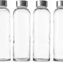 Epica Clear Glass Bottles with Lids, 18oz Resuable Glass Water Bottles for Juicing with Stainless Steel Cap to store Milk, Smoothie, etc., 100% Leak Proof, Durable and Dishwasher Safe (Set of 6)