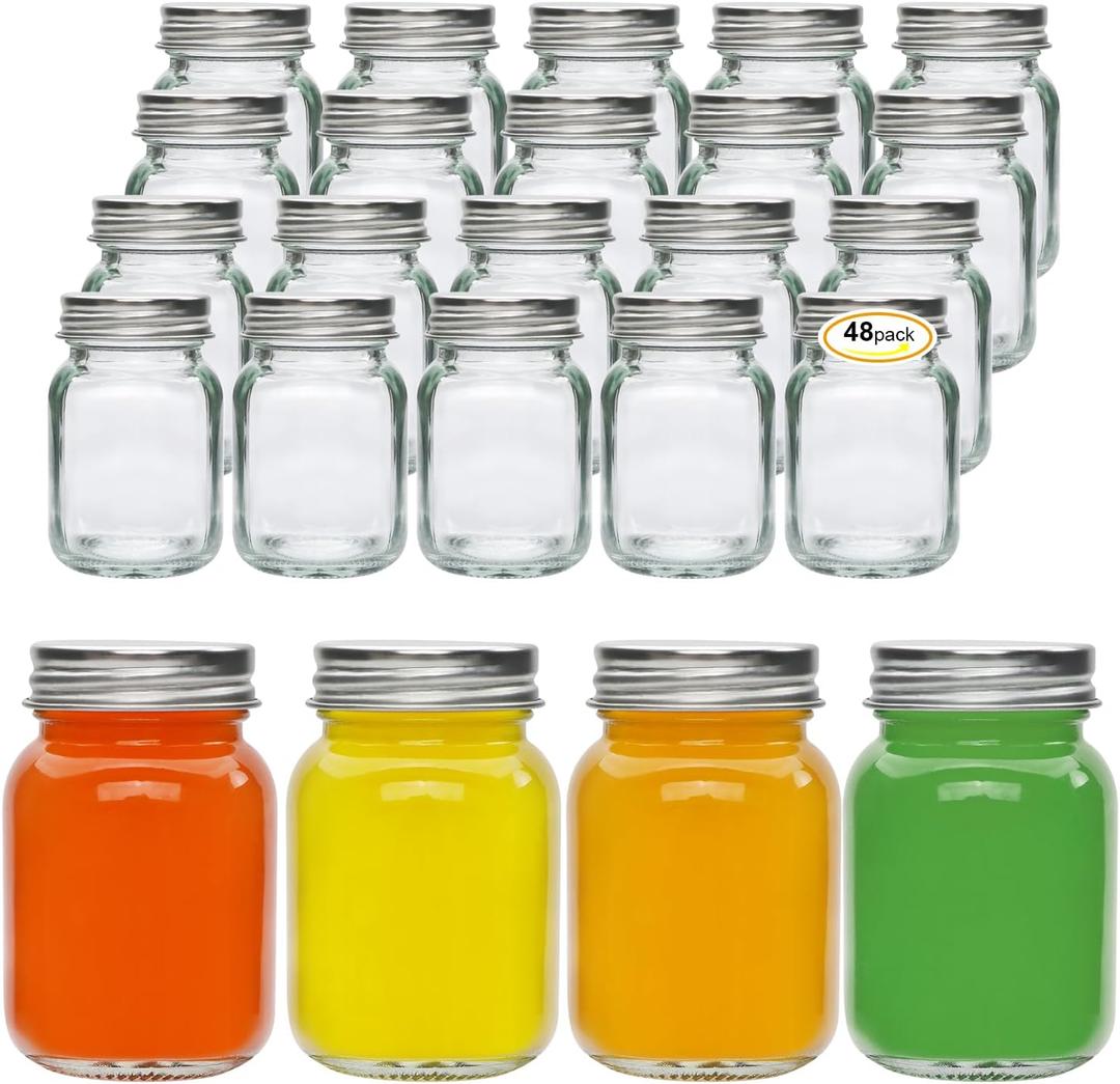 Accguan 2oz Mason Jars,Ginger Shots Bottles with Silver Lids,Glass Yogert Jars,Candle Jar,Honey,Jam,Jelly,Spice,Wedding Favors,Shower Favors(48pcs)