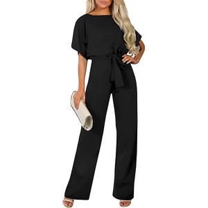 Women Dressy Jumpsuits Short Sleeve Belted Wide Leg Pant Crew Neck Elegant Romper L