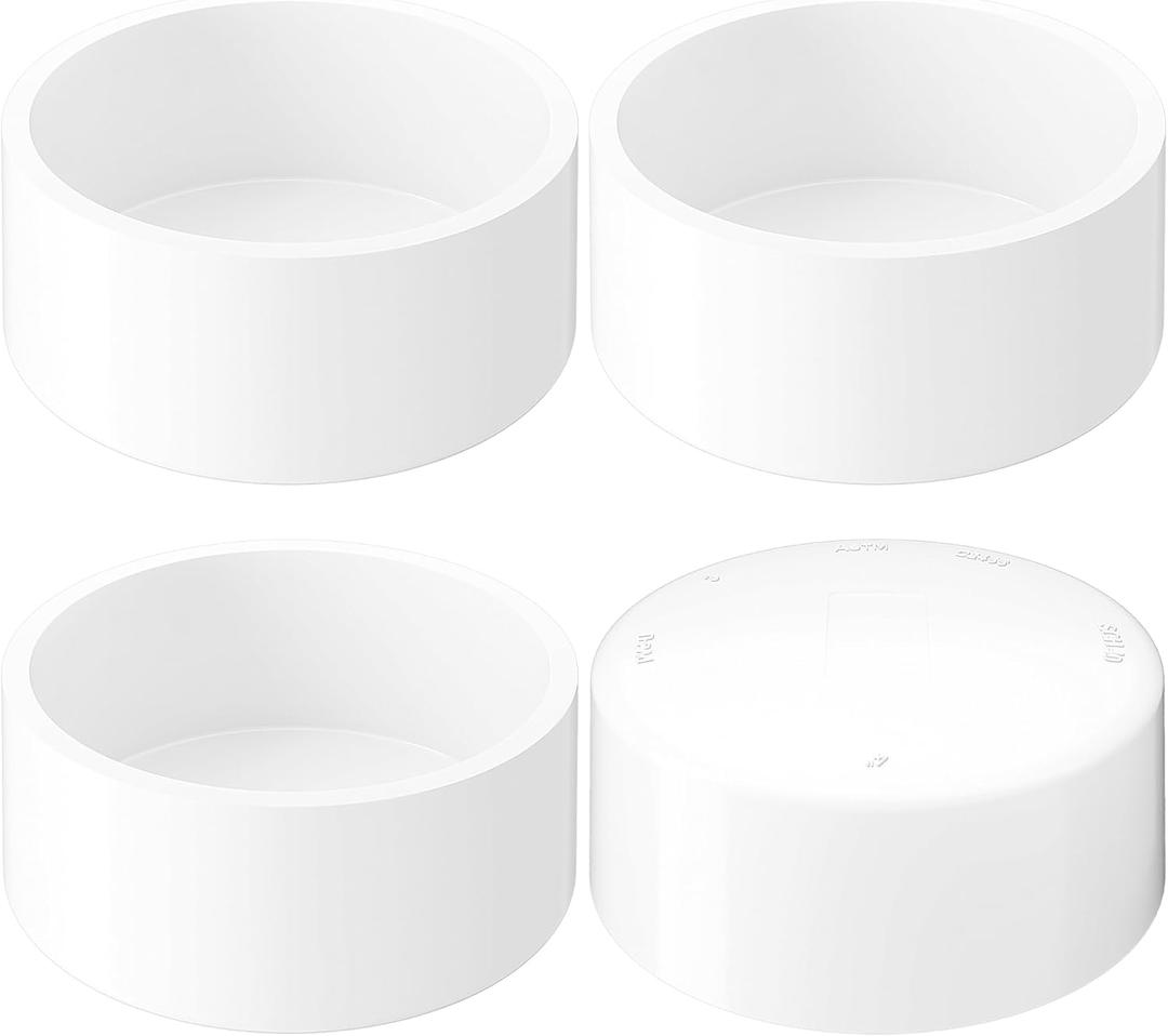 4" PVC End Cap for SCH40 Pipe (Fits 4.50" OD), Heavy Duty White Pipe Cap for Plumbing Irrigation DIY Furniture, 4 Pack