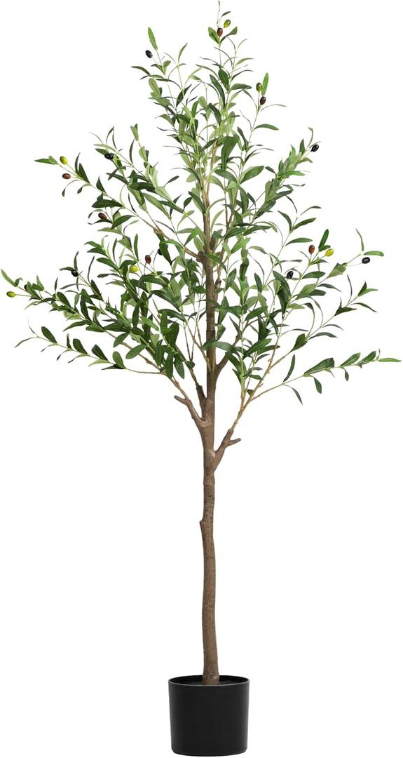 Olive Tree Artificial Indoor, 5 FT Faux Olive Trees with Planter, Fake Tall Plants with Natural Trunk and Lifelike Fruits for Home Office Decor (1, 5FT)