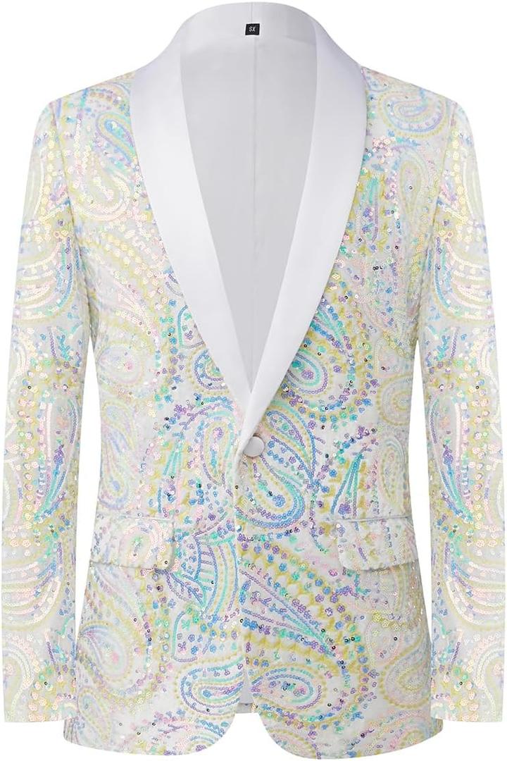 Men's Shiny Sequins Suit Jacket Classic Floral Suit Jacket Fashion,Suitable for Parties,Weddings,Banquets,Proms (XX-Large, Colorful White)