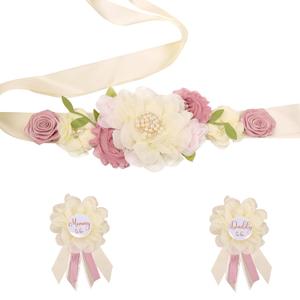 Maternity Sash Set for the Mommy and Daddy-to-be, with Corsage Pin Flowers as Baby Shower Souvenirs.Perfect for Gender Reveal Decorations and Pregnancy Photography Props (Creamy White)