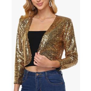 Women's Sequin Shrug Jacket Long Sleeve Open Front Glitter Blazer Bolero Wedding Party Sparkly Cropped Cardigan. L