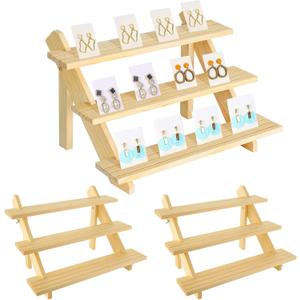 Acrux7 2 Pack 3 Tier Wooden Display Stand, Wooden Earring Display Wood Cupcake Stands, Detachable Wood Tiered Jewelry Card Display Stand with Groove for Jewelry Cupcake Vendors Retail Party Home