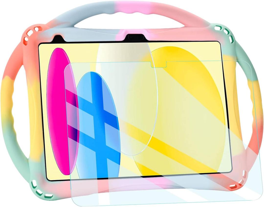 TopEsct Kids Case for iPad (A16) 11th Gen 11" 2025, iPad 10th Gen 10.9" 2022 with Tempered Glass Screen Protector, Silicone Shockproof Case Comes with Strap (Rainbow)