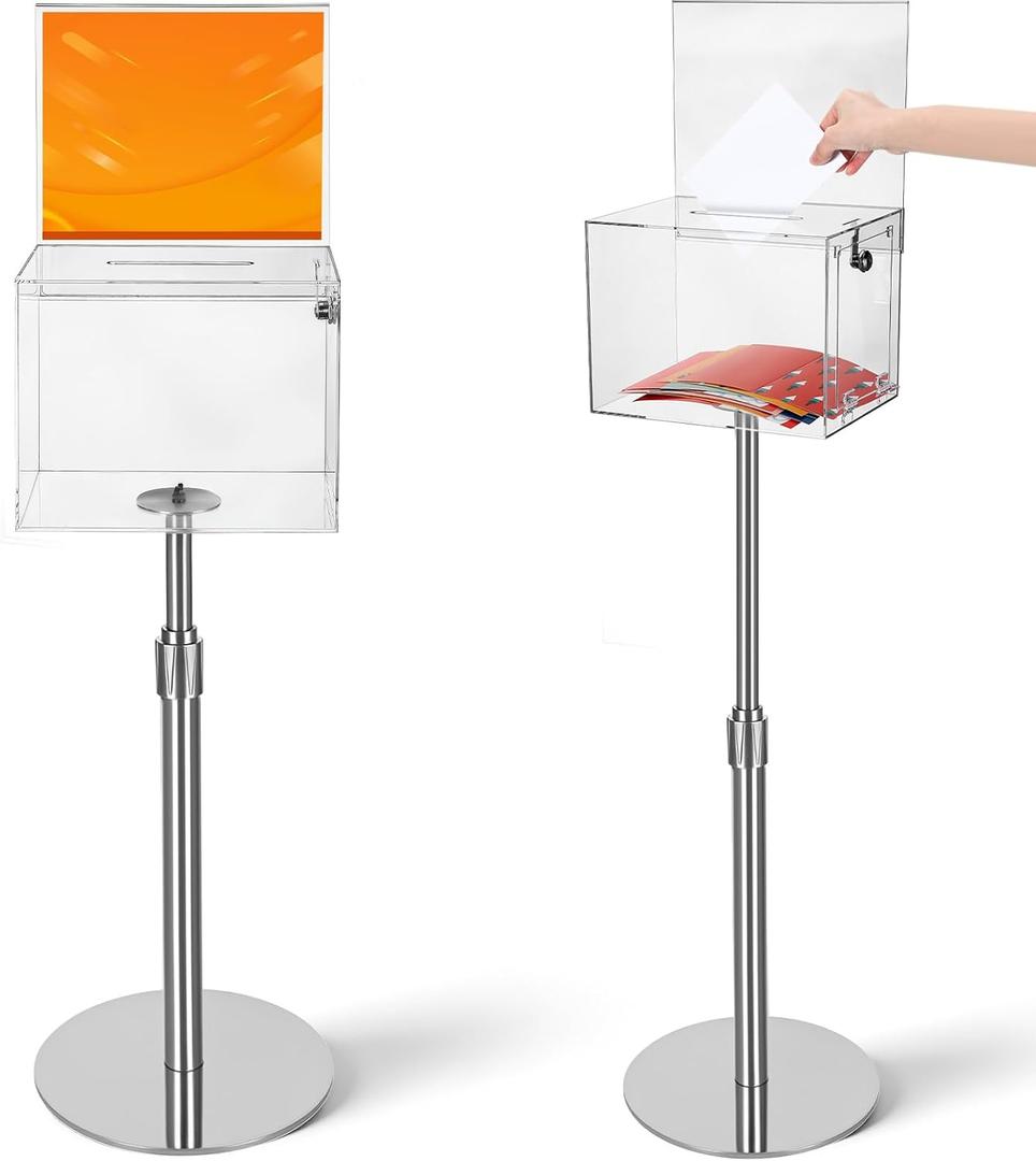 DoubleFill 2 Pack Acrylic Suggestion Donation Box with Lock and Key 11x 8.25x 8.25 Inches Offering Raffle Box with Stand Slot for Office Charity Church Collection (Clear,Sliver Stand)