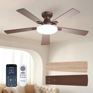 Passky 52 Inch Brown Low Profile Ceiling Fans with Lights and Remote | Flush mount, 3-color dimmable light, quiet reversible DC motor, easy install, memory, APP, bedroom, covered outdoor areas