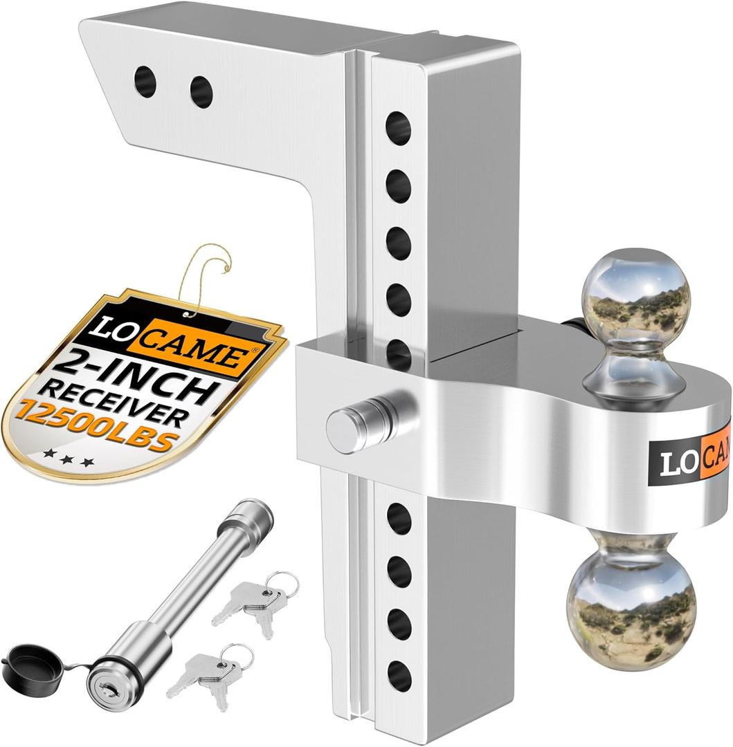 LOCAME Adjustable Trailer Hitch, Fits 2-Inch Receiver Only, 10-Inch Drop/Rise Aluminum Drop Hitch, 12,500 LBS GTW-Tow Hitch for Heavy Duty Truck with Double Stainless Steel Locks, Silver, LC0005